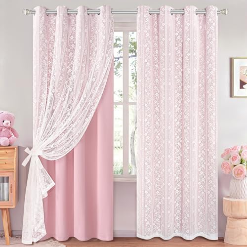 ASPMIZ Pink Blackout Curtains for Girls Bedroom Double Layer Curtains 52x63 by ASPMIZ