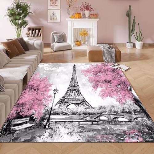 kxry 6 * 9 Feet Pink and White Paris Eiffel Tower Soft Area Rugs by kxry