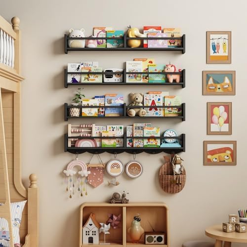 34Inch Nursery Bookshelves, Wall Floating Shelf Kids Coat Rack - Image 4