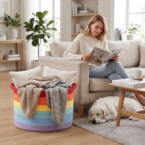 90L Large Blanket Basket, Rope Woven Laundry Basket-Rainbow - Image 4
