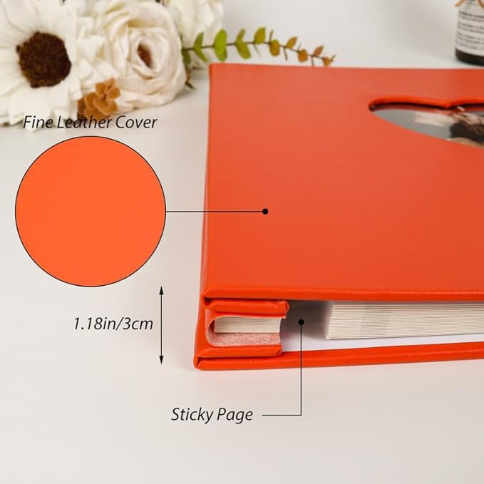RECUTMS Photo Album Self Adhesive Scrapbook Album with Love Window for 4x6 5x7 8x10 Pictures Leather Magnetic Scrapbook Album DIY 40 Pages with Metallic Pen and Scraping Plate (Orange)