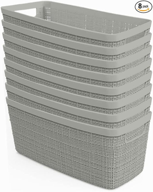 Curver Jute Decorative Plastic Organization and Storage Basket Perfect Bins for Home Office, Closet Shelves, Kitchen Pantry and All Bedroom Essentials, Set of 8 Grey