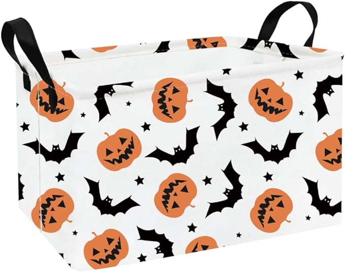 FANKANG Storage Bins,Halloween Nursery Hamper Canvas Laundry Basket Foldable with Waterproof PE Coating Storage Baskets for Boys and Girls, Office, Bedroom, Clothes,Toys(Rec-Halloween Pumpkin Bat