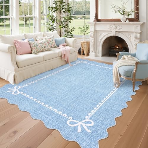 GarveeHome Scalloped Bow Rug 5x7 Washable Blue Rugs by GarveeHome