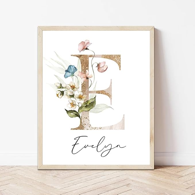 IZI POD Personalized Wooden Name Sign, Floral Monogram Nursery, Nursery Name Sign Boho Floral Pattern, Baby Name Sign, Wooden name signs for nursery, Wildflower Decor, Name signs for kids room gift/15, Design 15