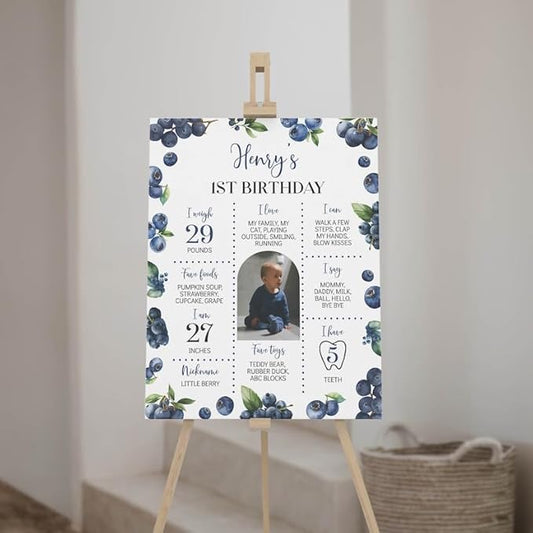 Generic Blueberry First Birthday Milestone Sign, Berry Sweet Birthday Milestone Poster, Boy Blueberries Photo Milestone Board, Design 01