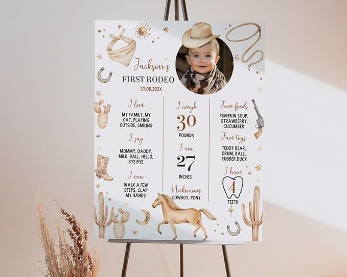 Generic Personalized First Rodeo Milestone Sign, Cowboy 1St Birthday Photo Milestone Poster, Wild West First Birthday Board, Design 015