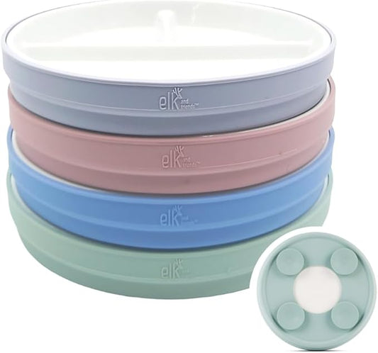 Elk and Friends Kids 7.8” Porcelain Divided Plates with Silicone Suction Sleeves | Suitable for Kids/Toddlers | Microwave & Dishwasher Safe | Non Slip | Snack Dishes | 4 Pack