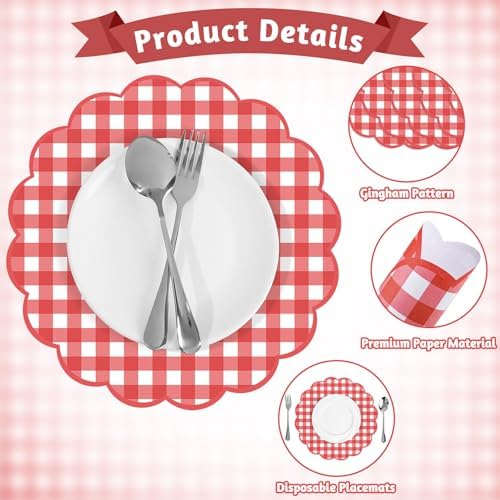60 Pcs Red and White Gingham Paper Placemats, Scalloped Checkered Place Mat - Image 4