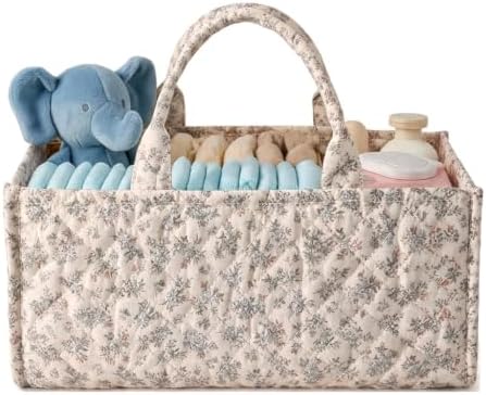 Quilted Fabric Storage Basket Floral Baby Diaper Caddy Quilted Basket Organizer by BBIQI