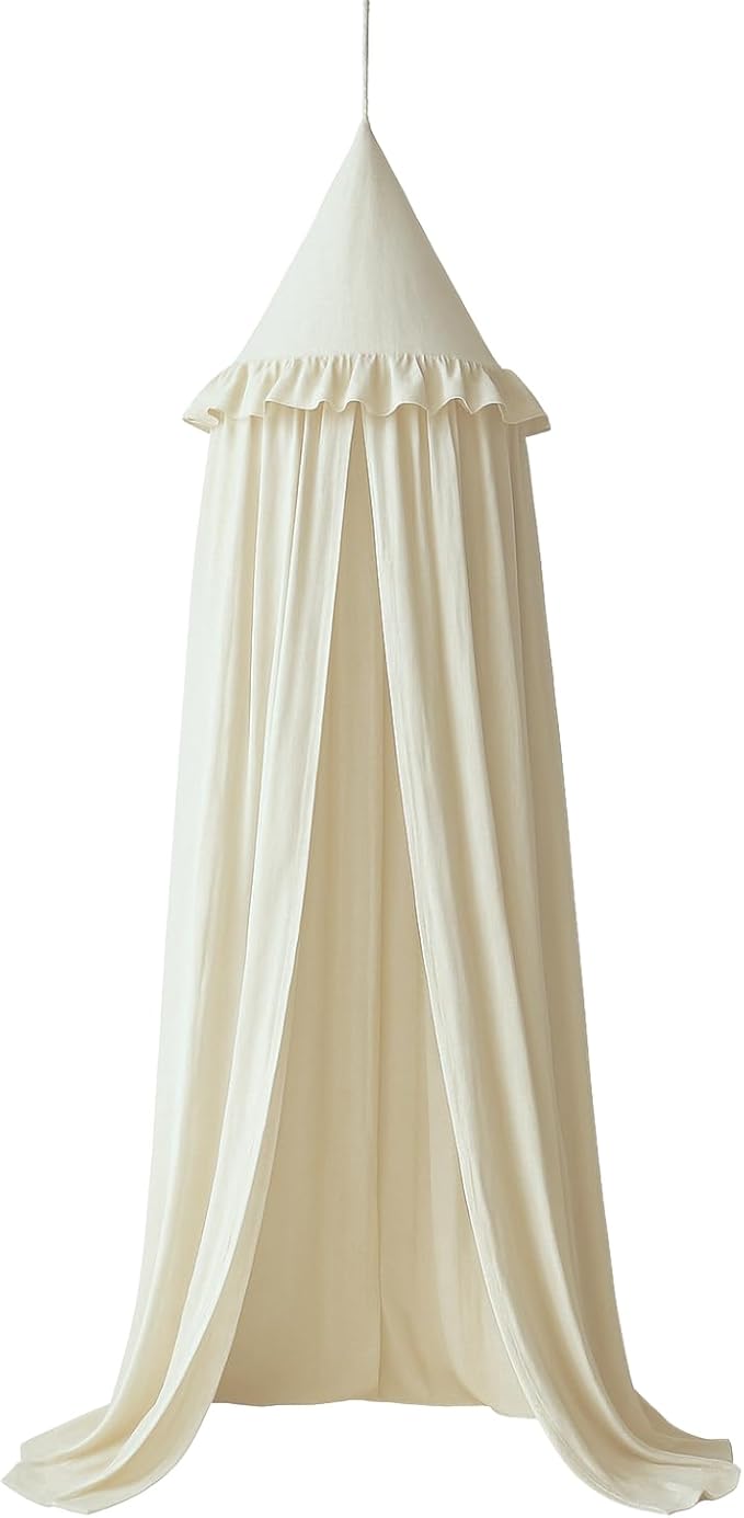 Wonder Space Kids Bed Canopy with Ruffles, Pastel Neutral Color for Boys & Girls, Frilled Cotton Tent Nursery Room Baby Crib Hanging Curtain Mosquito Netting Children Reading Nook Decoration (Ivory)