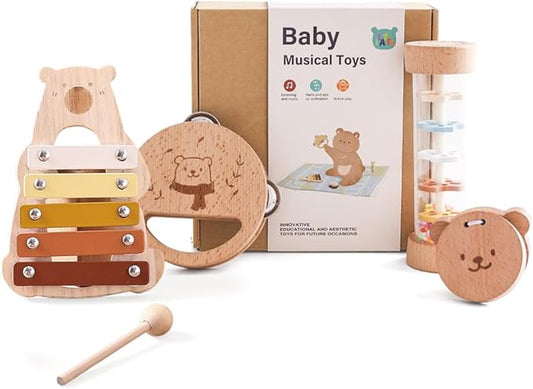 IEATFO Baby Musical Instruments - Your Child's First Musical Toys with Castanet Rainmaker Tambourine Xylophone - Baby Friendly Design Wooden Instruments Set Grow with Your Boys and Girls