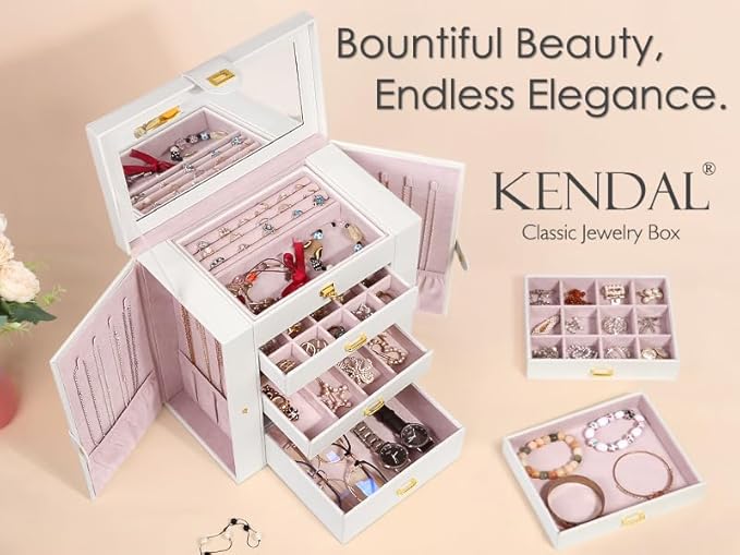 Kendal Extra Large Jewelry Box Jewelry Case PU Leather 6 Tier 5 Drawers Large Storage Capacity with Mirror Jewelry Storage Organizer Great Gift Also Good For Watches LJC-SHD5CM(White)