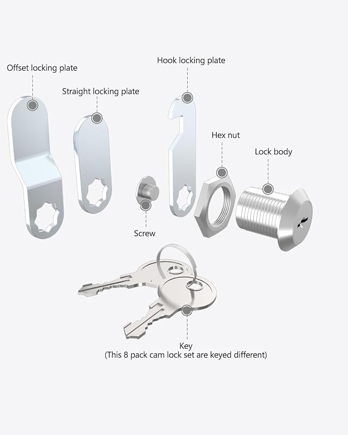 8 Packs Drawer and Cabinet Locks (Keyed Different) Secure Important Files, 5/8Inch 16mm Cam Locks with 3 pcs Different Lock Plates for Cabinet Cupboard File Drawer Mailbox Dresser Kitchen