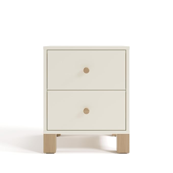 Storkcraft California 2 Drawer Nightstand for Kids Bedroom (Frosted Oat with Driftwood) - GREENGUARD Gold Certified, Premium Wood Storage Nightstand with Elegant, Iconic Block Feet