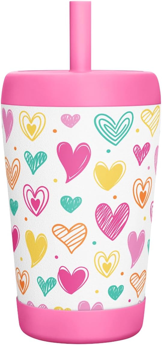 Kid Insulated Stainless Steel Tumbler with Silicone Straw, 12oz Sippy Cup for Kids (Playful Hearts)