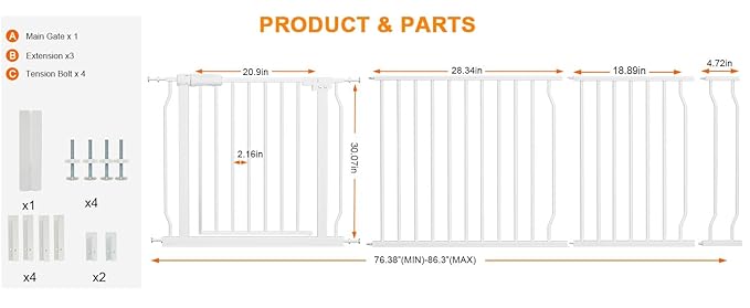 HOOEN 30" Tall Extra Wide Baby Gate for Doorways Stairs Large Long Dog Gates Pressure Mounted Indoor Safety Gates Walk Through Toddler Child Gates for Kids or Pets (White,76.38"-86.3")
