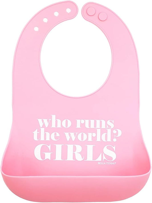 Baby Bib for Eating by Bella Tunno, Waterproof Silicone Bib with Large Food Catcher, Adjustable Fit for Babies 4-12 months & Toddlers 1-3 Years, Boys & Girls, Who Runs The World