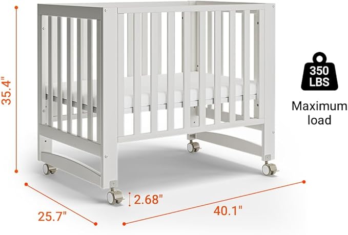 EvoNest Baby Crib, 6 in 1 Convertible Mini Crib with Wheels, 100% New Zealand Solid Wood Growing Bed, 4 Adjustable Mattress Height，White