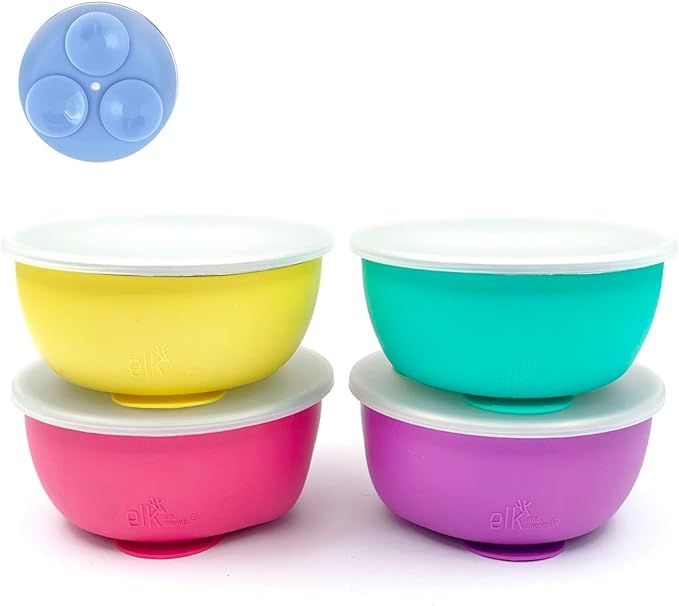 Elk and Friends Stainless Steel Bowls with Silicone Sleeve for Babies & Toddlers | Lids Included | Stay Put Suction | Cereal & Snack Bowls | 4 Pack