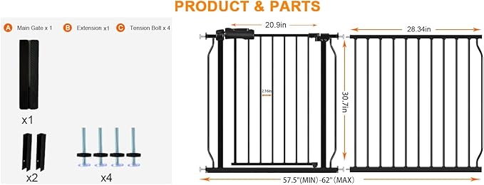 HOOEN 30" Tall Extra Wide Baby Gate for Stairs Doorways 57.5 to 62 Inch Large Long Dog Gates Tension Baby Gate Walk Through Child Gates for Kids or Pets Indoor Safety Gates