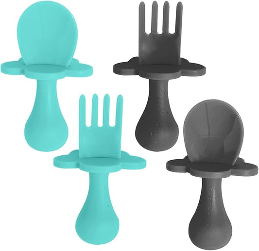 Grabease Baby Spoons and Forks Utensils for Toddlers Infants BPA-Free & Phthalate-Free Baby Silverware, 2 Sets, Teal and Gray - Infant Spoon - Toddler Fork
