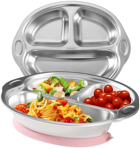 Stainless Steel Baby Suction Plate, Divided Toddler Plate ，pink by MrsChou