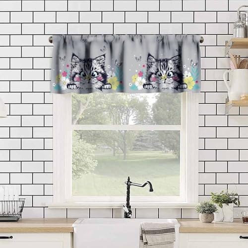 Cute Cat Valance Curtains for Window, Cartoon Animal Grey Rod Pocket Small - Image 4