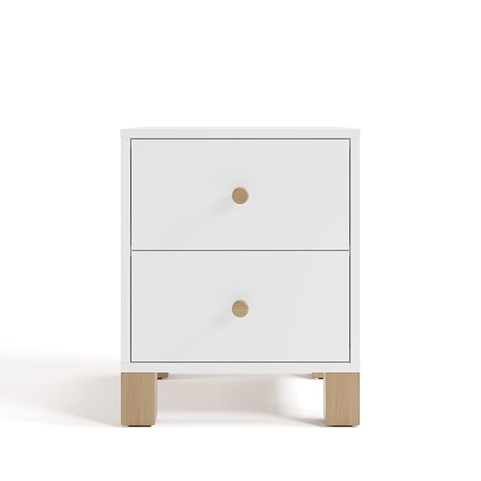 Storkcraft California 2 Drawer Nightstand (White with Driftwood) - GREENGUARD Gold Certified Nightstand for Kids Bedroom, Premium Wood Storage with Elegant, Iconic Block Feet