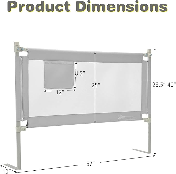 BABY JOY Bed Rail for Toddlers, 57’’ Extra Long, Height Adjustable, Foldable Baby Bed Rail Guard w/Storage Pocket & Double Safety Child Lock for Kids Twin Full Size Queen King Mattress (Gray, 57'')
