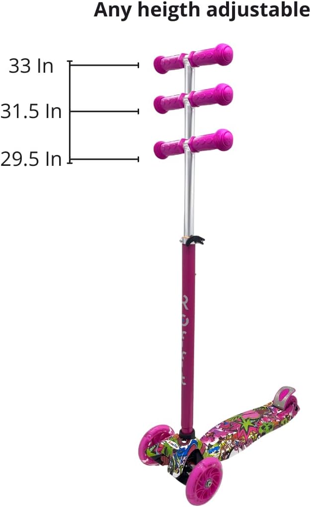 Maxi Scooter for Kids Ages 6-12 Lean-to-Steer 3 Wheel Scooter for Kids Ages 6-12 PU Light-Up Wheels Kids Scooter Adjustable Height Light Weight Aluminum Scooters T-Bar Colorful Design Printed