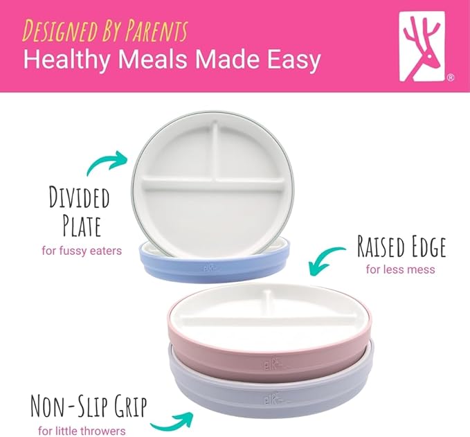 Elk and Friends Kids 6.7” Porcelain Divided Plates with Silicone Sleeves + Silicone Lids | Suitable for Babies/Kids/Toddlers | Microwave & Dishwasher Safe | Non Slip | Snack Dishes