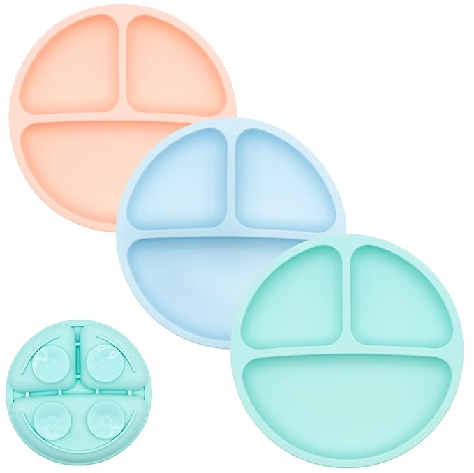 WeeSprout Suction Plates for Babies & Toddlers - 100% Silicone, Dinnerware Stays Put, Divided Design for Picky Eaters, Microwave & Dishwasher Friendly, 3 Pack