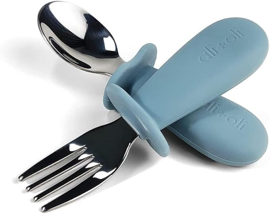 Ali+Oli Spoon & Fork Learning Set for Toddlers (Powder Blue) 6m+ Grab Easy BPA Free Food-Grade Silicone Handle, Kids Silverware Self Feeding Baby Utensil, Multi-stage Baby Feeding Set Ergonomic Design