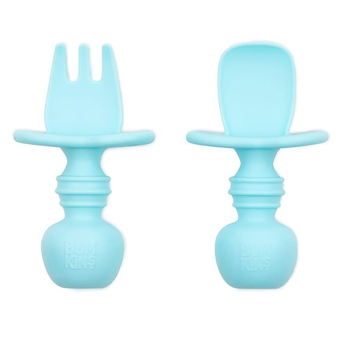 Bumkins Baby Utensils Set, Chewtensils Silicone Spoons for Dipping, Self-Feeding, Baby Led Weaning, Trainer Learning First Stage Eating, Soft Practice Fork and Spoon, Babies 6 Months, Blue