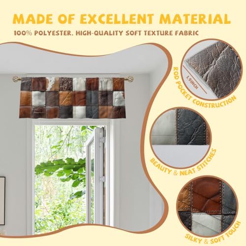 Patchwork Curtain Valance for Windows 2 Pack Brown White Squares Cowhide - Image 2