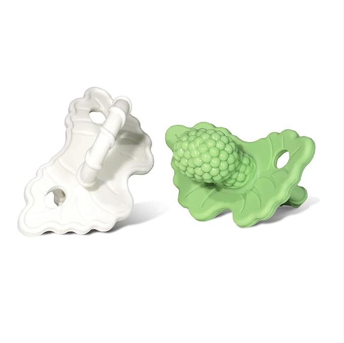 RaZbaby RaZberry Silicone Teether Pacifier – Teething Relief for Infants, Food-Grade, BPA-Free, Hands-Free, Natural Berrybumps Fruit Texture for Sensory Development, Freezable, 2-Pack - Green & White