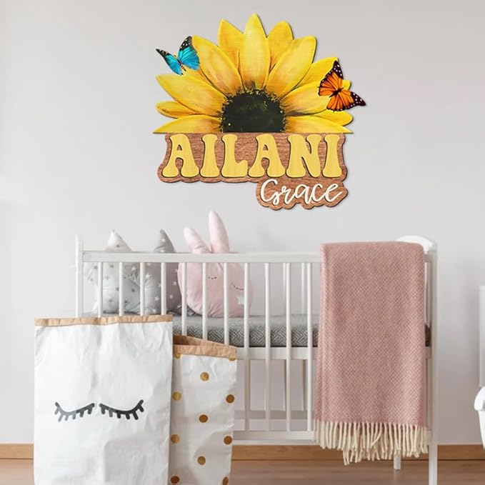 Custom Wooden Sunflower Nursery Name Sign for Girls, Boho Nursery Wood 2 Layer, Baby Name Sign, Baby Shower, Decor Floral, Flower gift/17