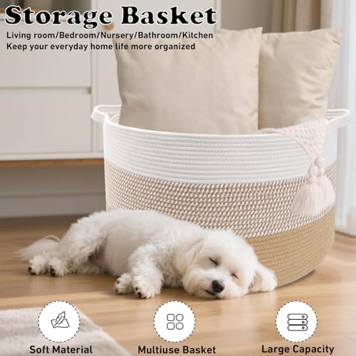 90L Large Blanket Basket, Rope Woven Laundry Basket-Yellow - Image 6