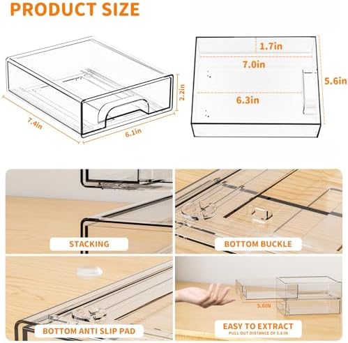Yieach 8 Pack Small Clear Stackable Storage Drawers, 2.2'' Tall Desk - Image 3