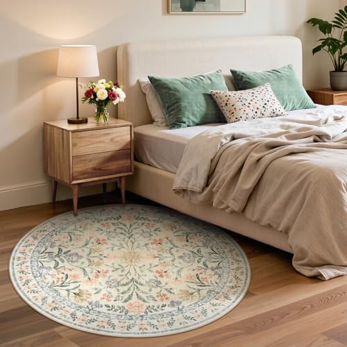 Lahome 6ft Beige Round Rug, Cream Floral Circle Babay Girls Bedroom Rug - Image 3