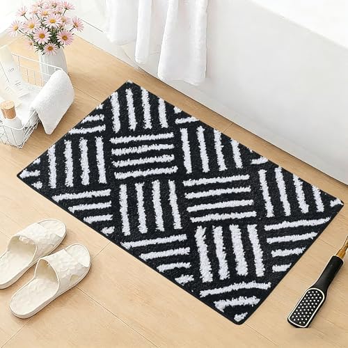 ORTIGIA Striped Black Bathroom Rugs Non Slip Washable, 20x30 Quick Dry by ORTIGIA