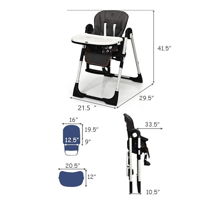INFANS High Chair for Babies & Toddlers, Foldable Highchair with Multiple Adjustable Backrest, Footrest and Seat Height, Removable Tray, Detachable PU Leather Cushion, Built-in Rear Wheels (Dark Grey)
