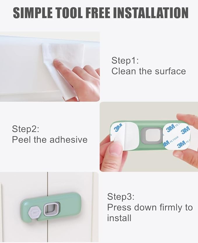 5 Pack Child Proof Refrigerator Lock, QYESWHSR Fridge Locks for Kids with Sticky Adhesive Pads, Child Safety Locks for Doors, RV Refrigerator, Oven Lock Child Safety Baby Cabinet Locks - Green Updated