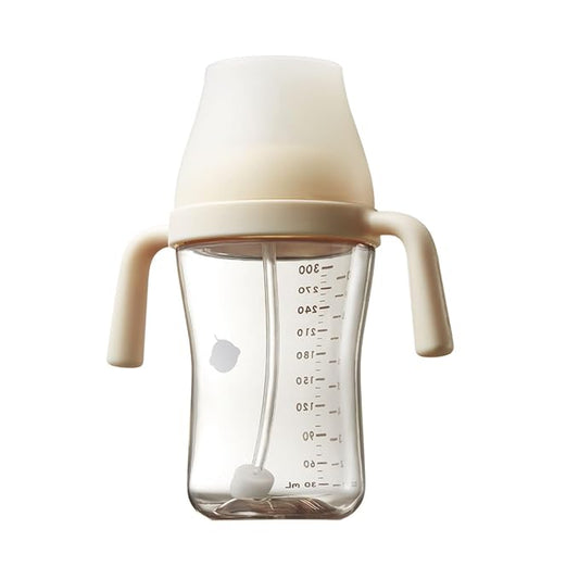 bc babycare Sippy Cup Learner for 6+ Month Old with Nipples & Handles, Spill Proof Sippy Cup, Weighted Straw Toddler Cups, Anti-Choking Baby Cups 1 Pack,Beige