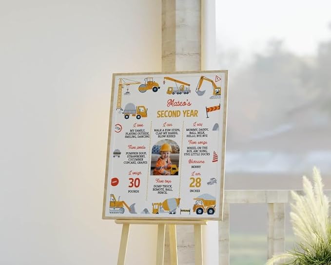 Generic Personalized Construction Birthday Milestone Sign, Boy 1St Birthday Photo Milestone Poster, Dump Truck Milestone Board, Design 09