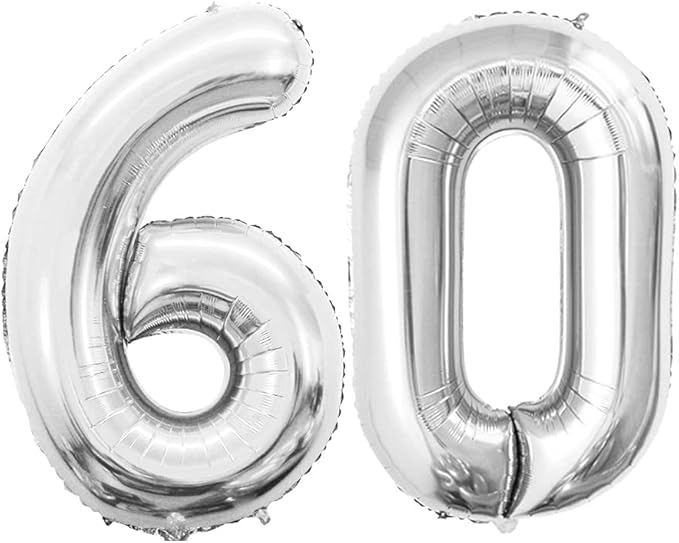 GOER Number 60 Balloons for 60th Birthday Party Decorations,42 Inch Jumbo Foil Helium Balloons for 60th Anniversary (Silver)