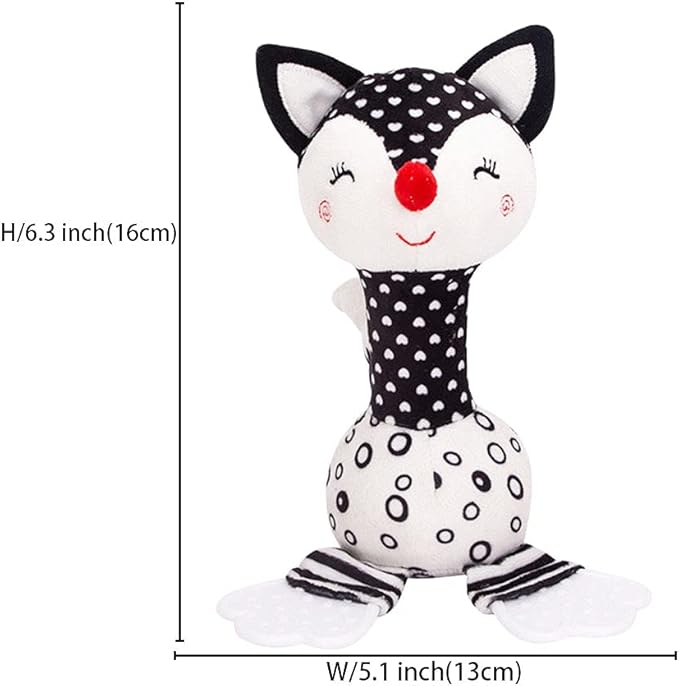 D-KINGCHY Baby Toys 0-12 Months, Black and White Newborn Toys, Soft Plush Rattle Stuffed Animal Toy with Teether and Sound, Developmental Hand Grip Toys (Fox)