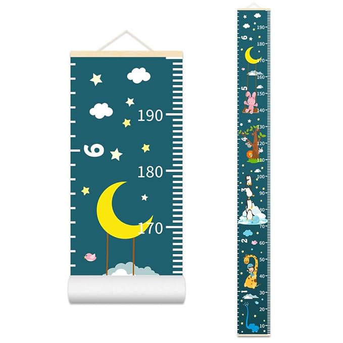 Baby Height Growth Chart - Canvas Height Chart for Kids Baby Child Toddler Boys Girls Growth Chart for Wall Room Nursery Decor Hangable and Removable Measuring Wall Ruler (Moon Rabbit, Beige Wood)