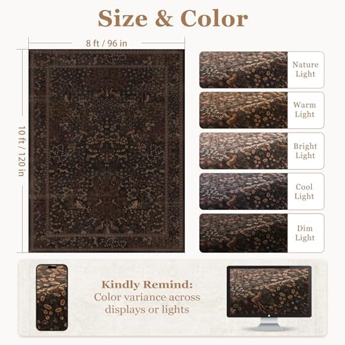 Chestnut Brown 8x10 Area Rugs for Living Room, Floral Animal Print Bedroom Rug - Image 2